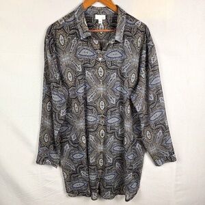 J Jill Button Up Long Sleeve Tunic Top Blouse Sz XL Lagenlook Semi-Sheer Boho‎